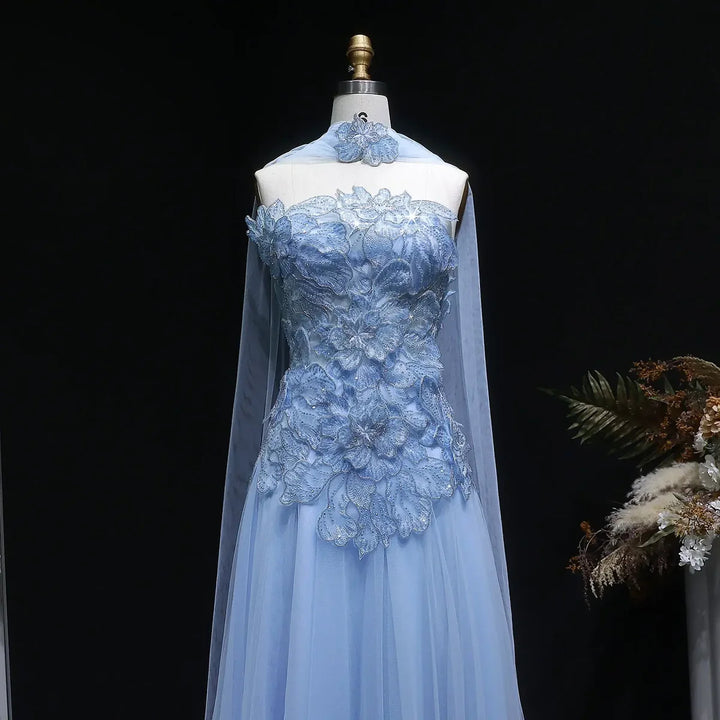 Romantic Pink Strapless Evening Dress with 3D Floral Bodice and Scarf SS239