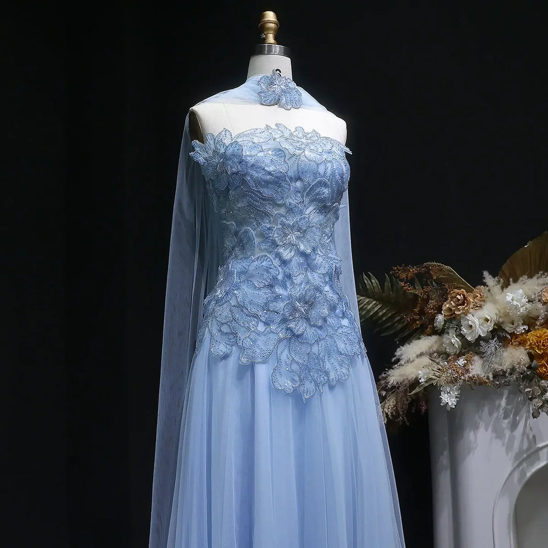 Romantic Pink Strapless Evening Dress with 3D Floral Bodice and Scarf SS239