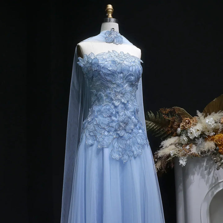 Romantic Pink Strapless Evening Dress with 3D Floral Bodice and Scarf SS239