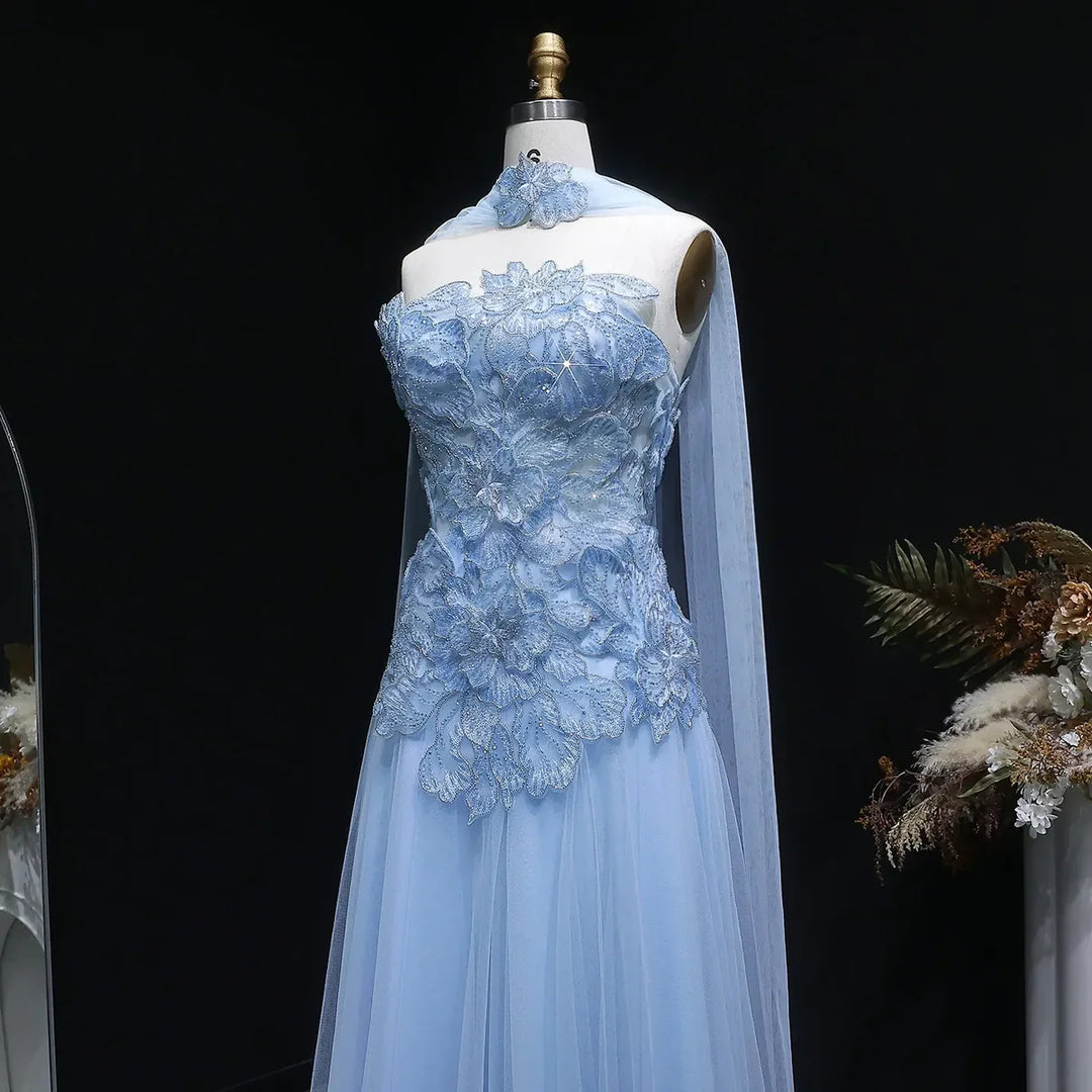 Romantic Pink Strapless Evening Dress with 3D Floral Bodice and Scarf SS239