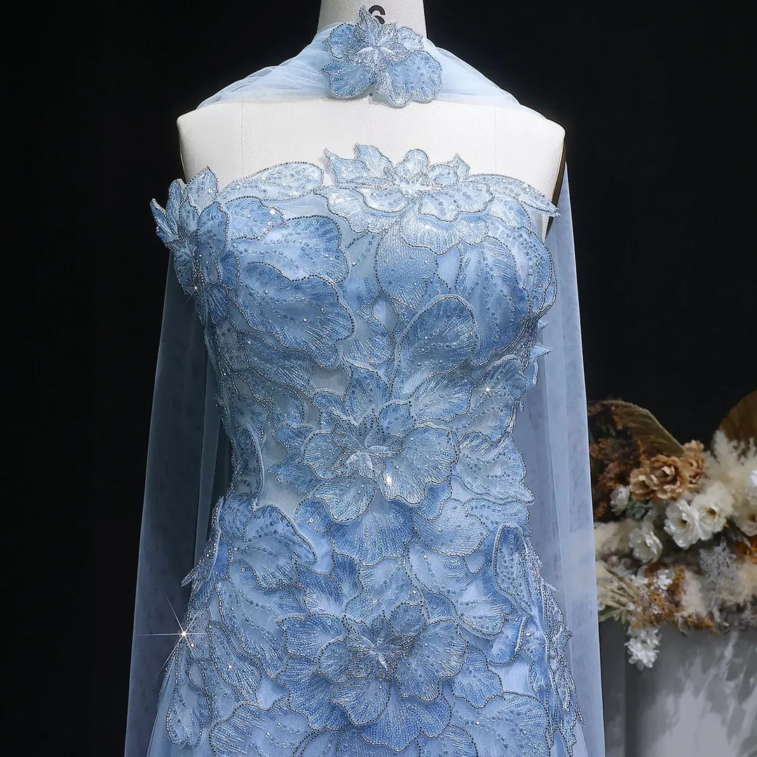 Romantic Pink Strapless Evening Dress with 3D Floral Bodice and Scarf SS239