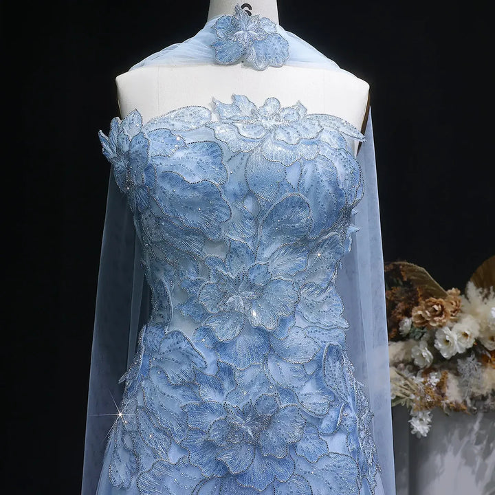 Romantic Pink Strapless Evening Dress with 3D Floral Bodice and Scarf SS239