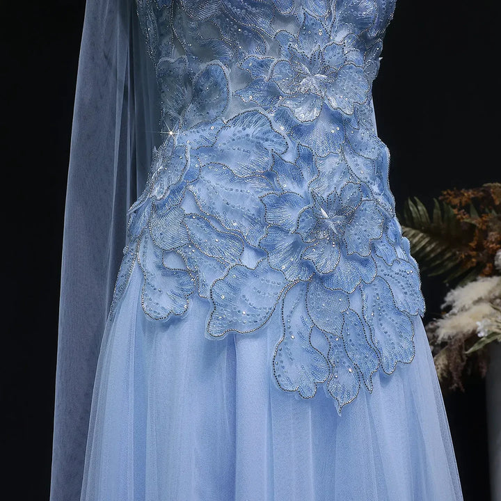 Romantic Pink Strapless Evening Dress with 3D Floral Bodice and Scarf SS239