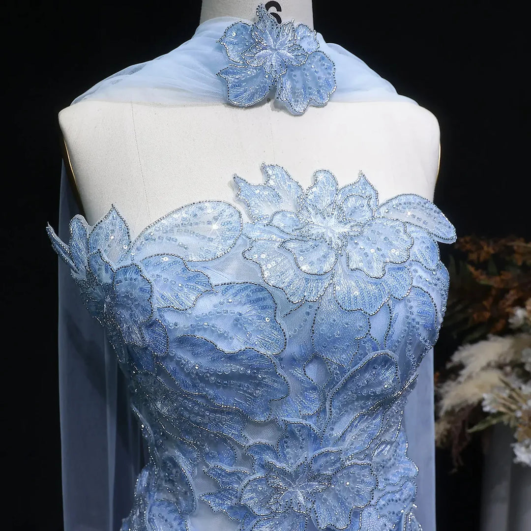 Romantic Pink Strapless Evening Dress with 3D Floral Bodice and Scarf SS239