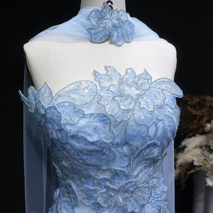 Romantic Pink Strapless Evening Dress with 3D Floral Bodice and Scarf SS239