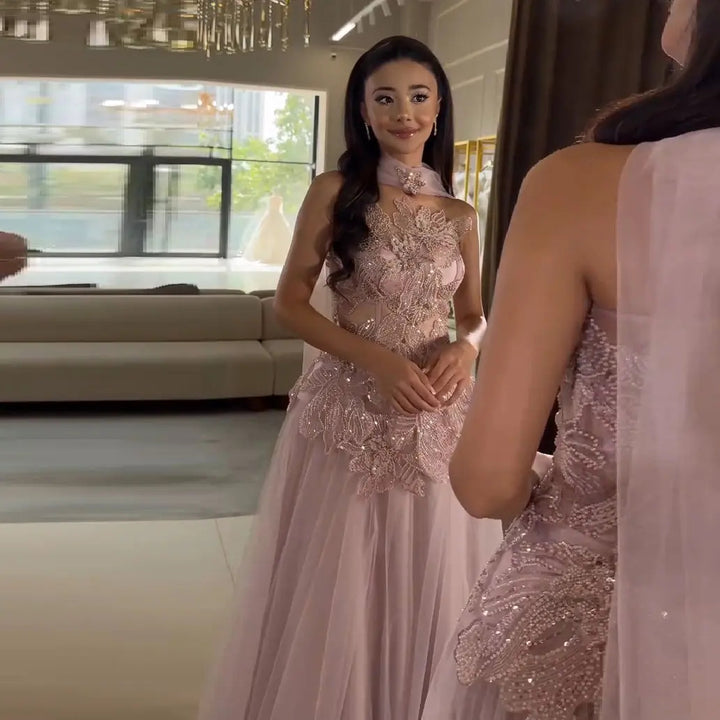 Romantic Pink Strapless Evening Dress with 3D Floral Bodice and Scarf SS239