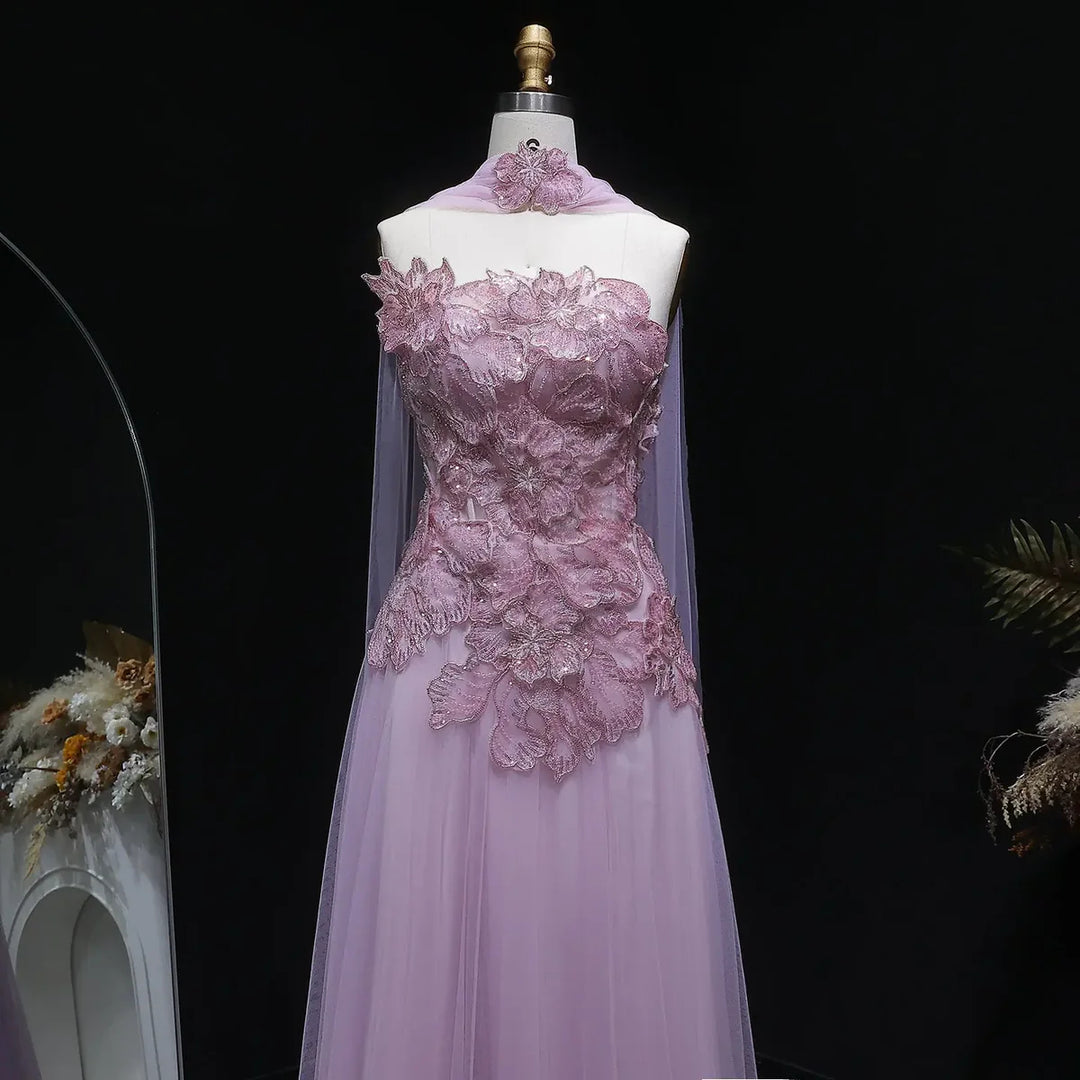 Romantic Pink Strapless Evening Dress with 3D Floral Bodice and Scarf SS239