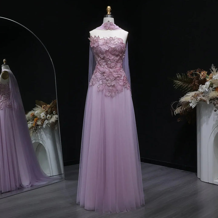 Romantic Pink Strapless Evening Dress with 3D Floral Bodice and Scarf SS239