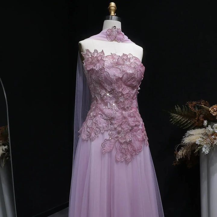 Romantic Pink Strapless Evening Dress with 3D Floral Bodice and Scarf SS239