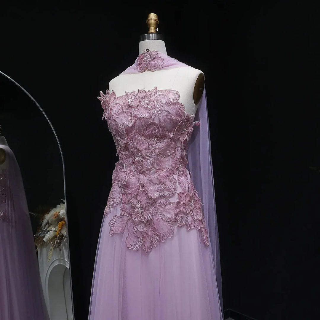 Romantic Pink Strapless Evening Dress with 3D Floral Bodice and Scarf SS239