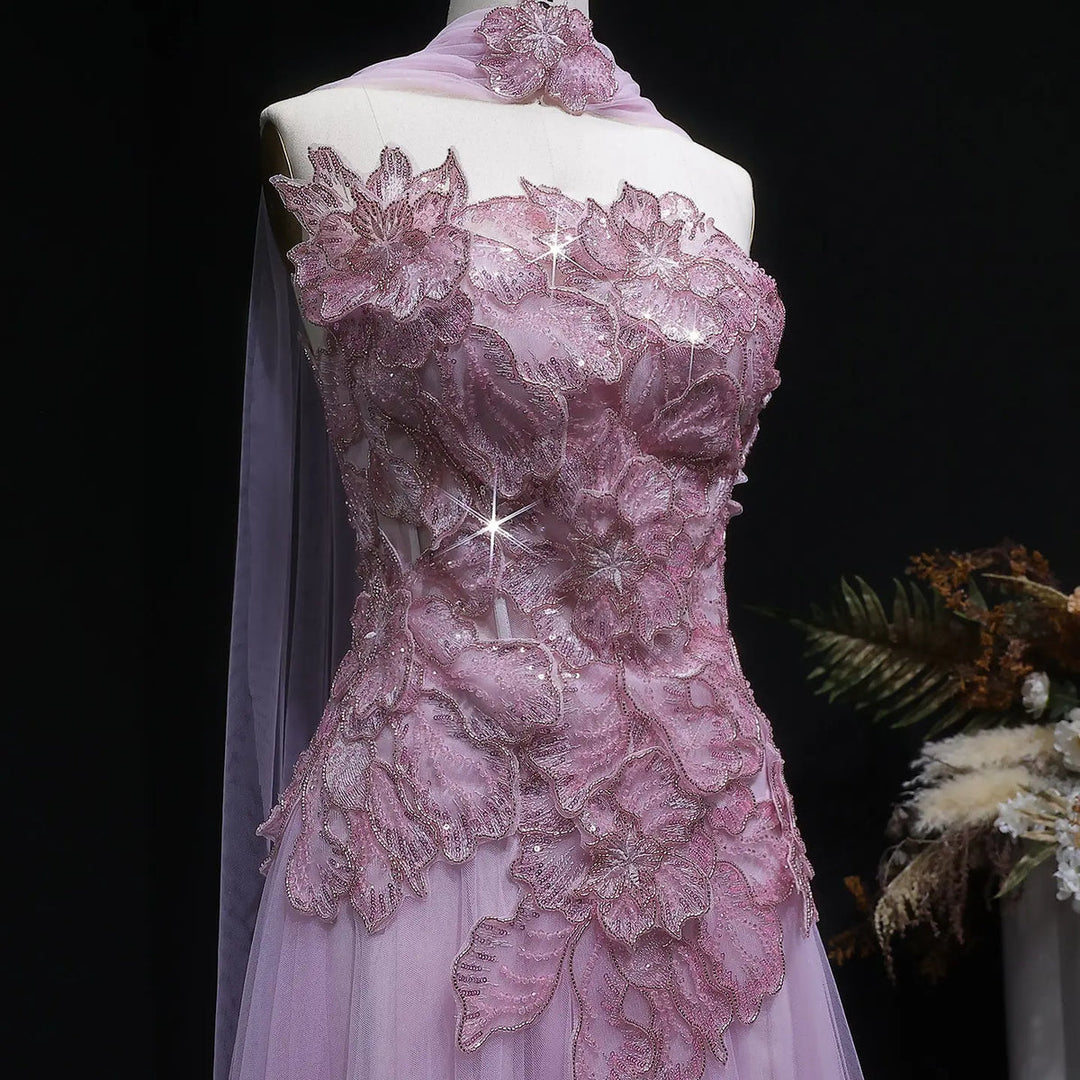 Romantic Pink Strapless Evening Dress with 3D Floral Bodice and Scarf SS239
