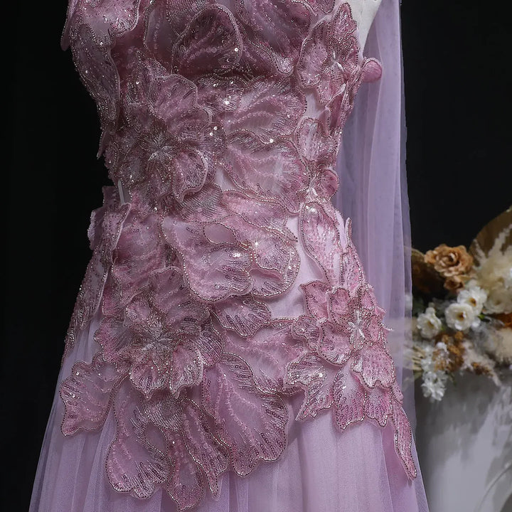 Romantic Pink Strapless Evening Dress with 3D Floral Bodice and Scarf SS239