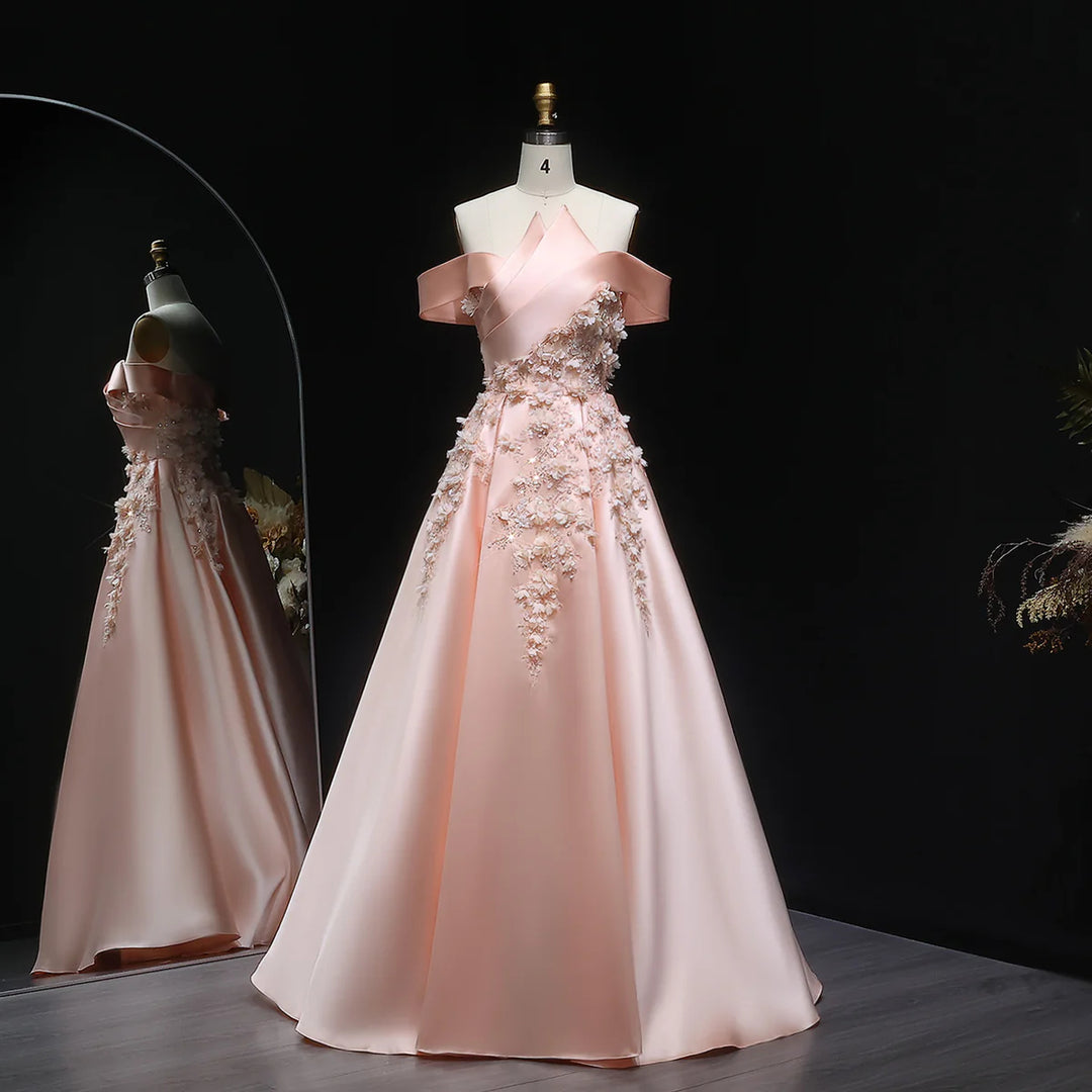 Luxury Pink Ball Gown Evening Dress with 3D Floral Sequin Details XD094