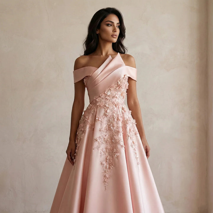 Luxury Pink Ball Gown Evening Dress with 3D Floral Sequin Details XD094