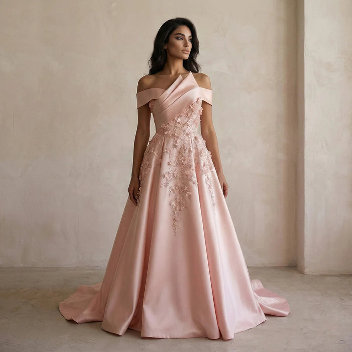 Luxury Pink Ball Gown Evening Dress with 3D Floral Sequin Details XD094