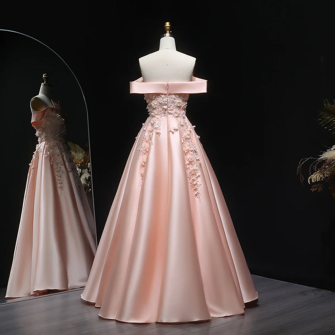 Luxury Pink Ball Gown Evening Dress with 3D Floral Sequin Details XD094