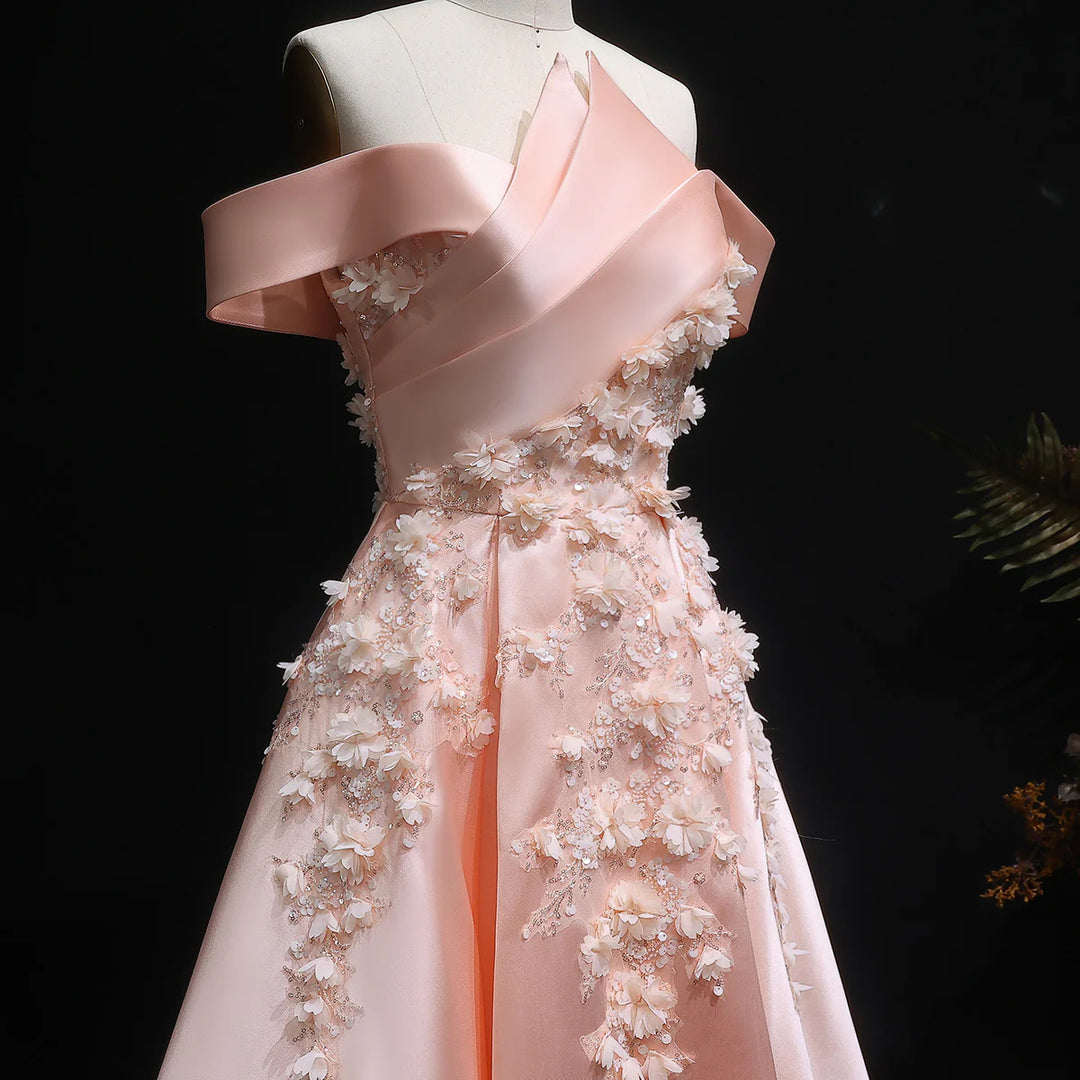 Luxury Pink Ball Gown Evening Dress with 3D Floral Sequin Details XD094
