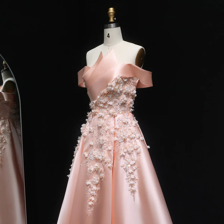 Luxury Pink Ball Gown Evening Dress with 3D Floral Sequin Details XD094