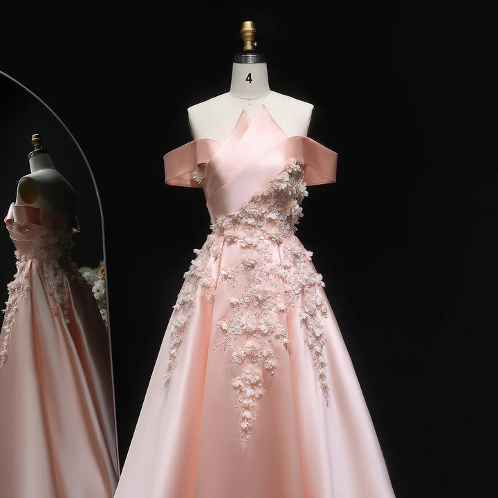 Luxury Pink Ball Gown Evening Dress with 3D Floral Sequin Details XD094