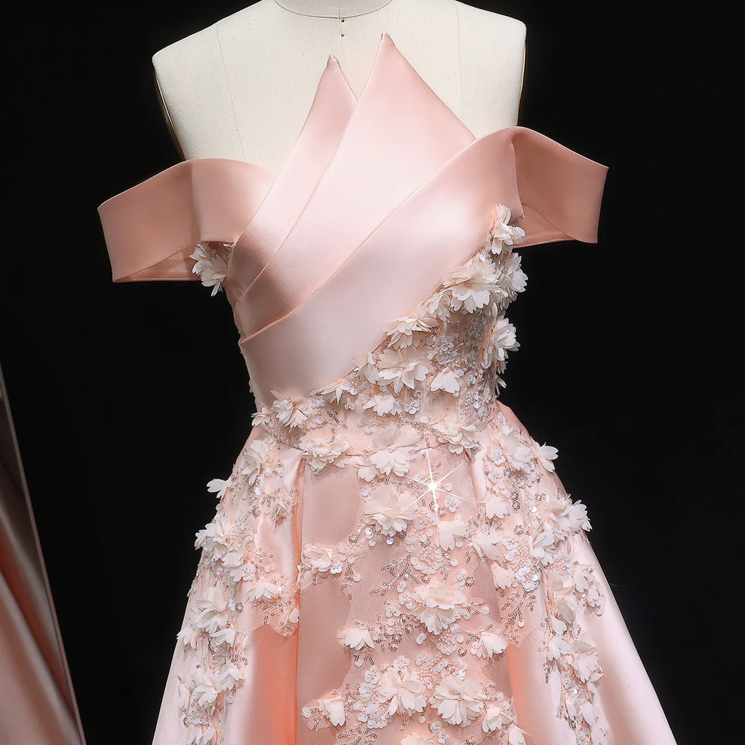Luxury Pink Ball Gown Evening Dress with 3D Floral Sequin Details XD094