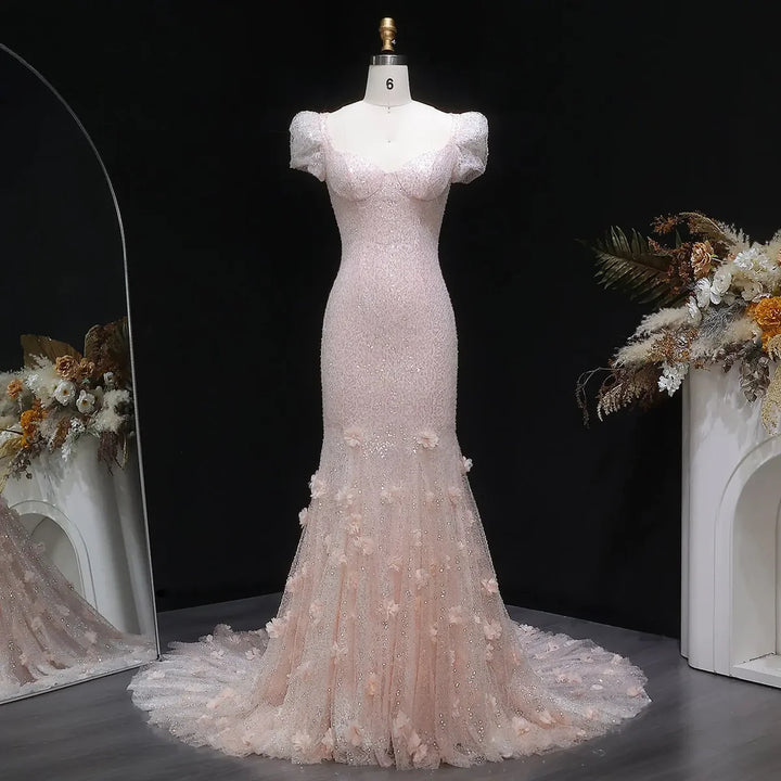 Elegant Pink Sequin Mermaid Evening Dress with Train  SS643