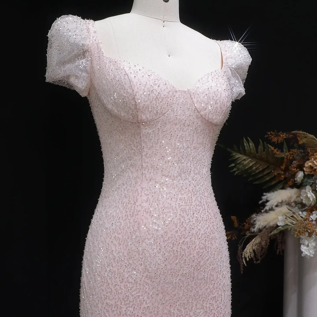 Elegant Pink Sequin Mermaid Evening Dress with Train  SS643
