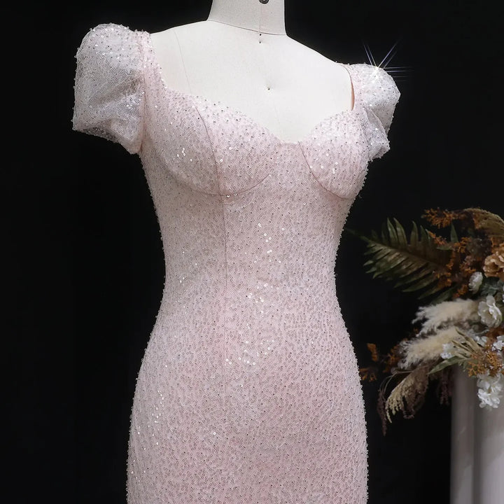 Elegant Pink Sequin Mermaid Evening Dress with Train  SS643