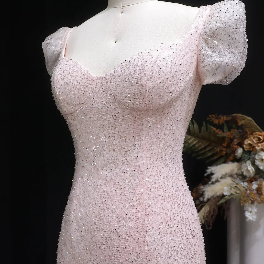 Elegant Pink Sequin Mermaid Evening Dress with Train  SS643