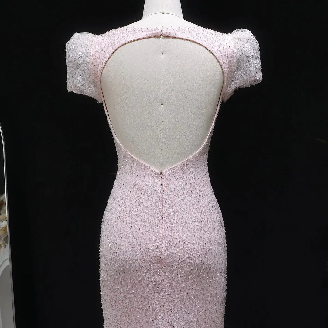 Elegant Pink Sequin Mermaid Evening Dress with Train  SS643