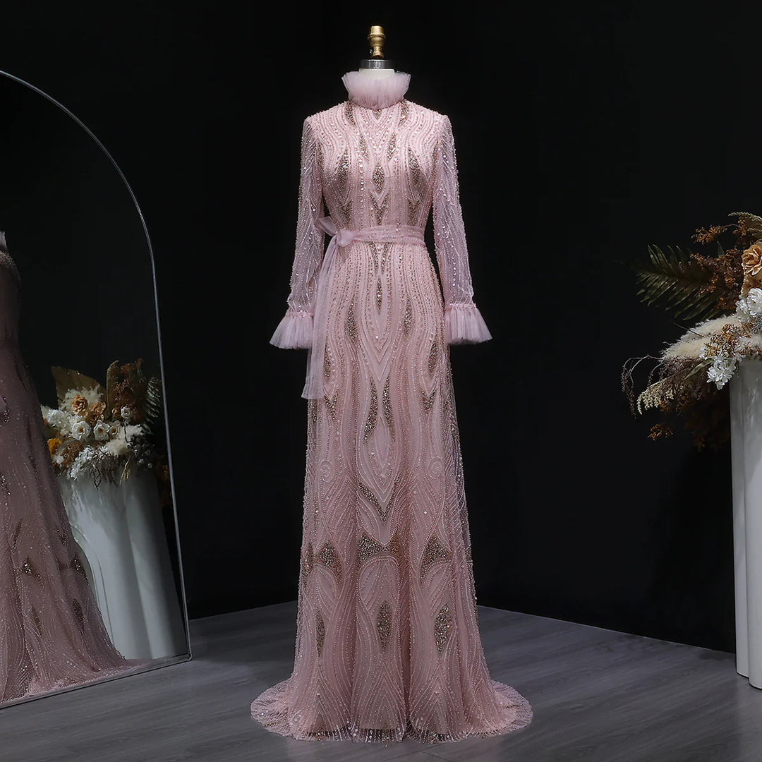 Luxury Pink High-Neck Beaded Evening Dress with Embroidered SS386