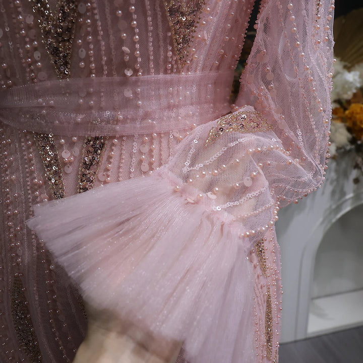 Luxury Pink High-Neck Beaded Evening Dress with Embroidered SS386