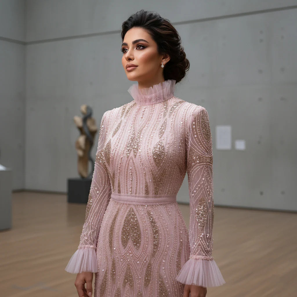 Luxury Pink High-Neck Beaded Evening Dress with Embroidered SS386