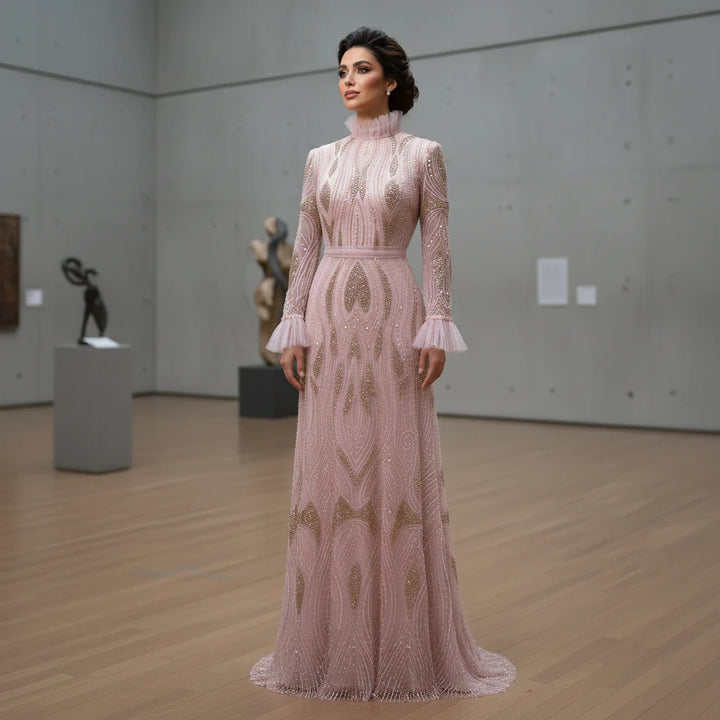 Luxury Pink High-Neck Beaded Evening Dress with Embroidered SS386