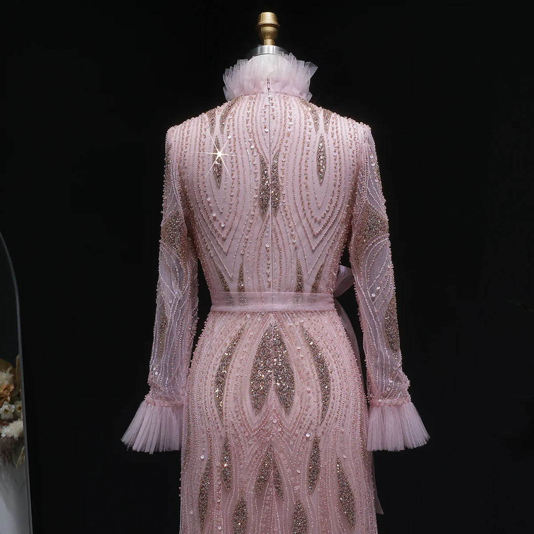 Luxury Pink High-Neck Beaded Evening Dress with Embroidered SS386