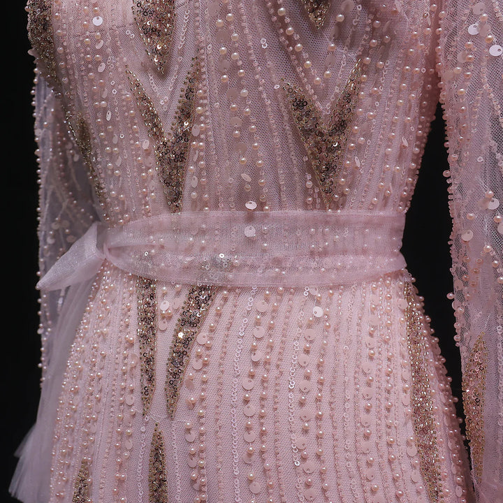 Luxury Pink High-Neck Beaded Evening Dress with Embroidered SS386