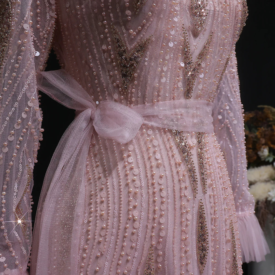 Luxury Pink High-Neck Beaded Evening Dress with Embroidered SS386