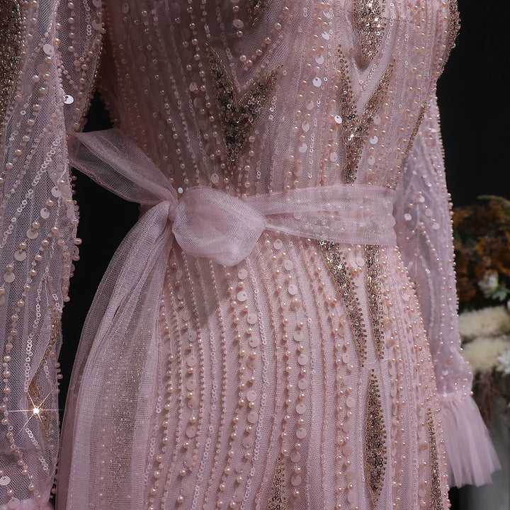 Luxury Pink High-Neck Beaded Evening Dress with Embroidered SS386
