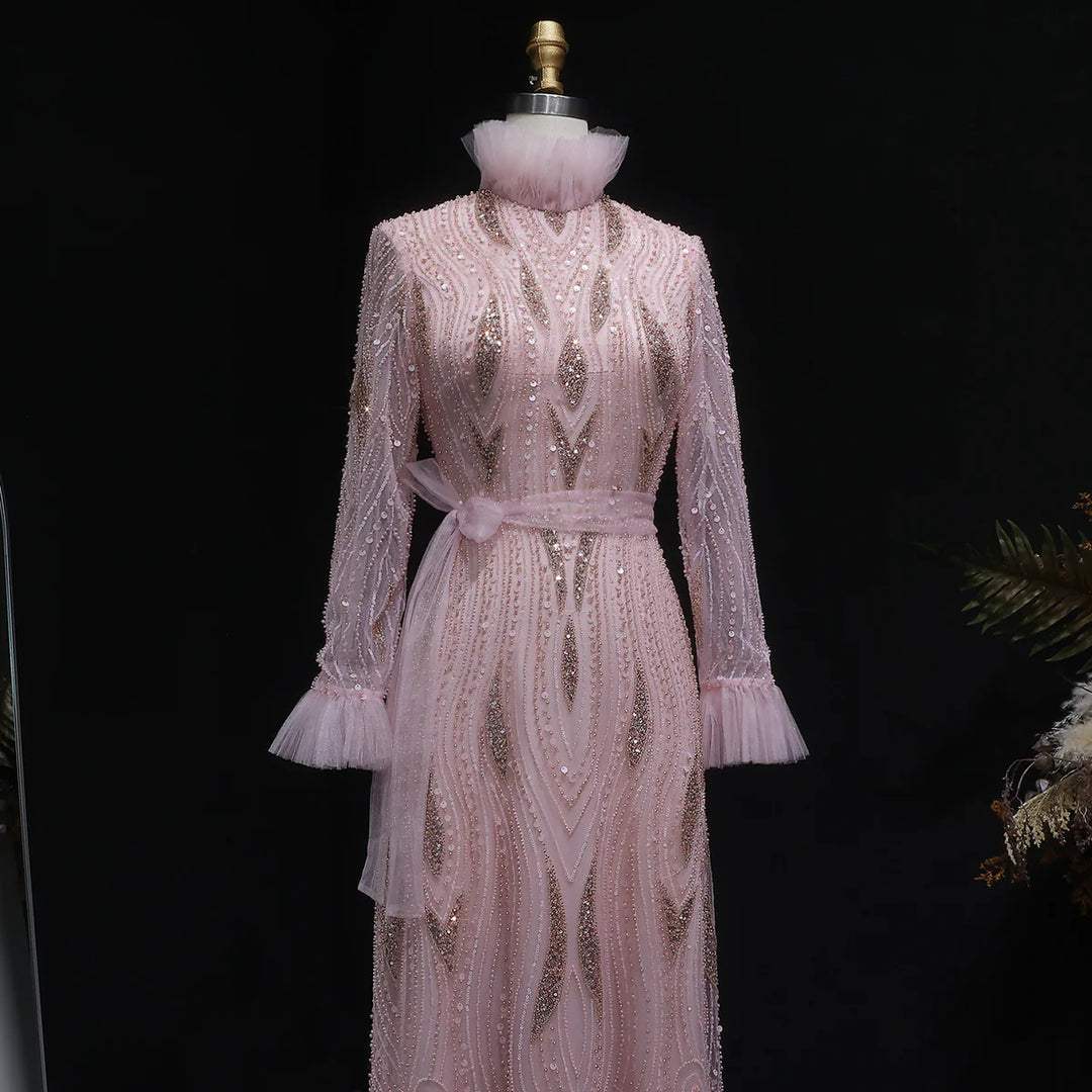 Luxury Pink High-Neck Beaded Evening Dress with Embroidered SS386