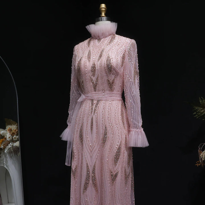 Luxury Pink High-Neck Beaded Evening Dress with Embroidered SS386