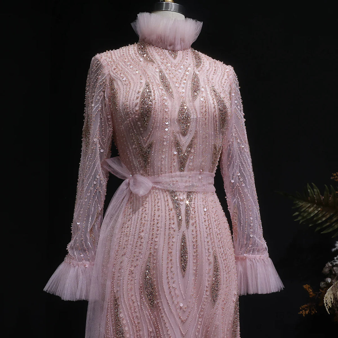 Luxury Pink High-Neck Beaded Evening Dress with Embroidered SS386