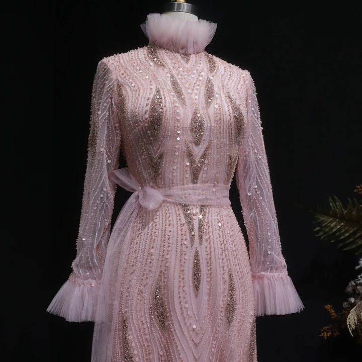 Luxury Pink High-Neck Beaded Evening Dress with Embroidered SS386