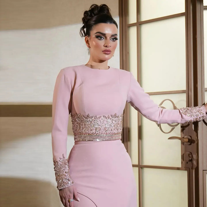 Elegant Blush Pink Long Sleeve Beaded Evening Dress SS525