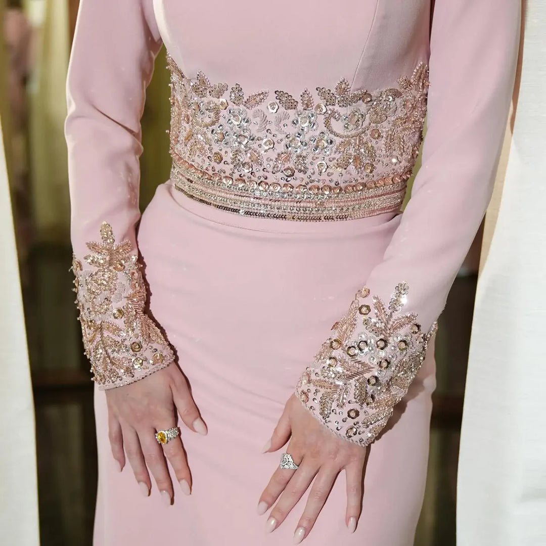 Elegant Blush Pink Long Sleeve Beaded Evening Dress SS525