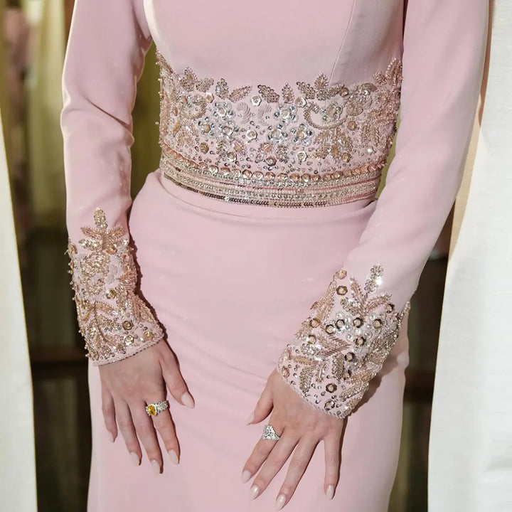 Elegant Blush Pink Long Sleeve Beaded Evening Dress SS525