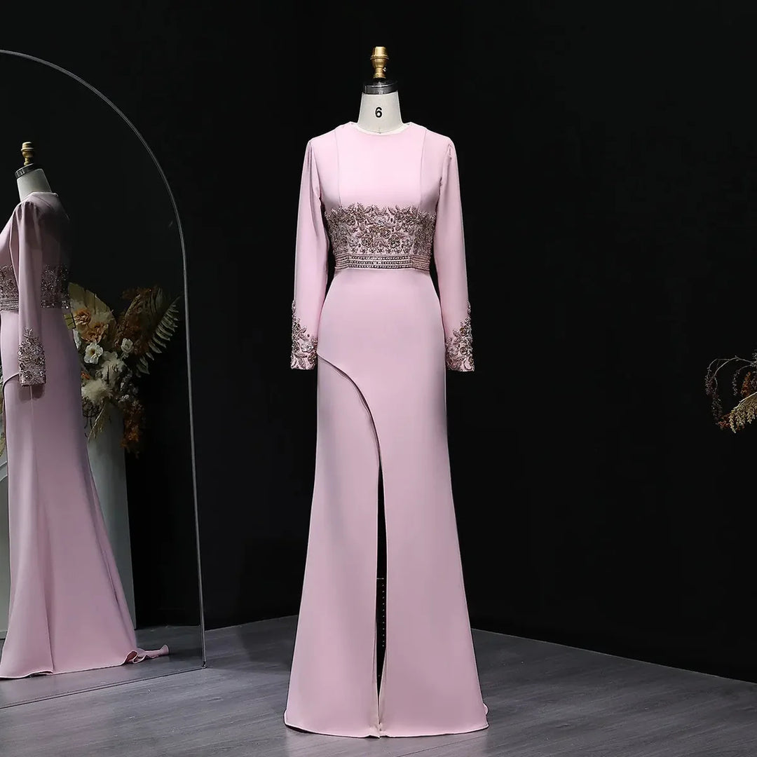 Elegant Blush Pink Long Sleeve Beaded Evening Dress SS525