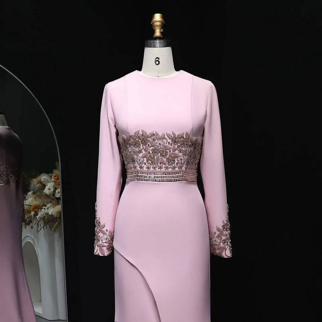 Elegant Blush Pink Long Sleeve Beaded Evening Dress SS525