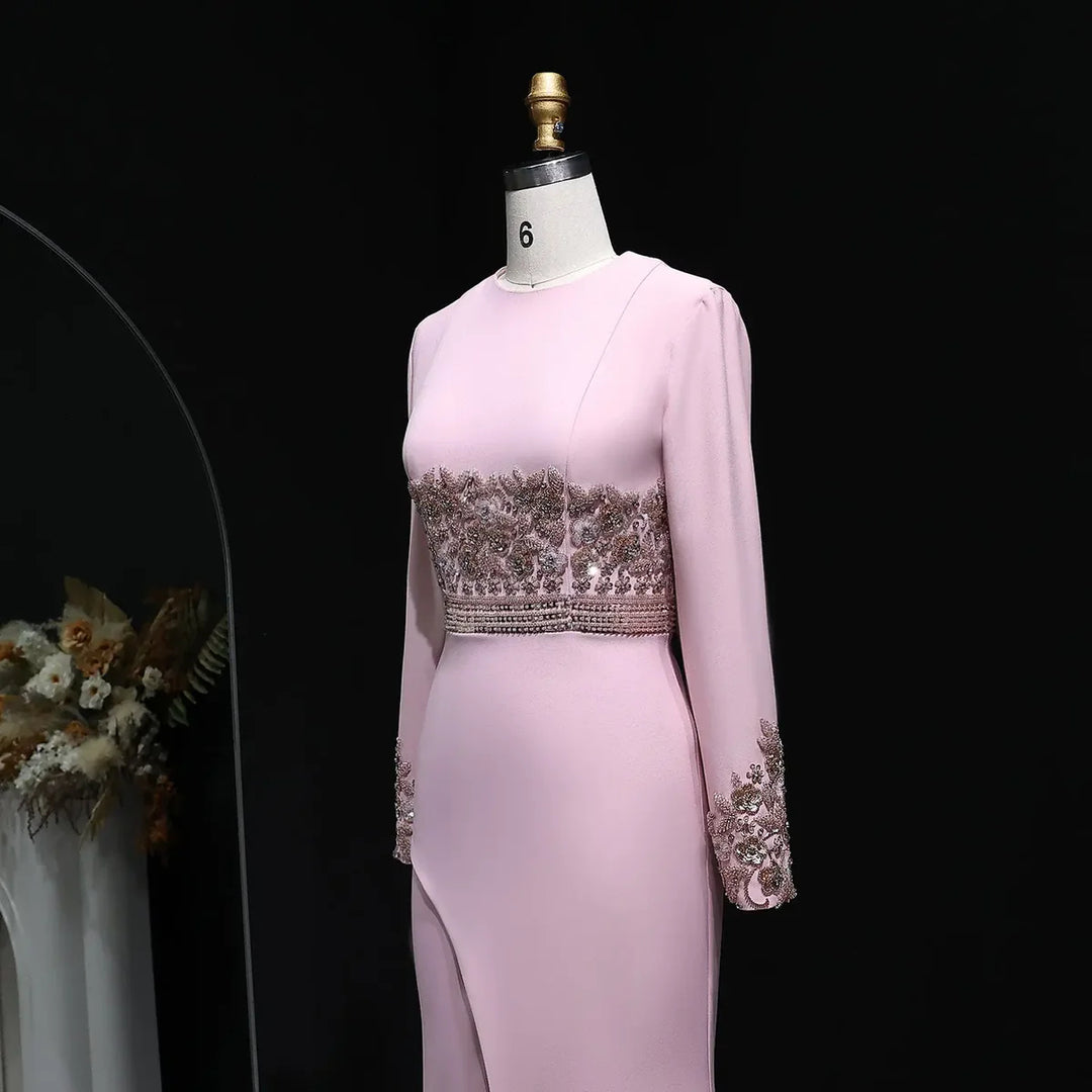 Elegant Blush Pink Long Sleeve Beaded Evening Dress SS525