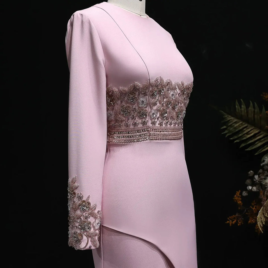 Elegant Blush Pink Long Sleeve Beaded Evening Dress SS525