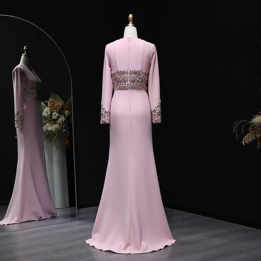 Elegant Blush Pink Long Sleeve Beaded Evening Dress SS525
