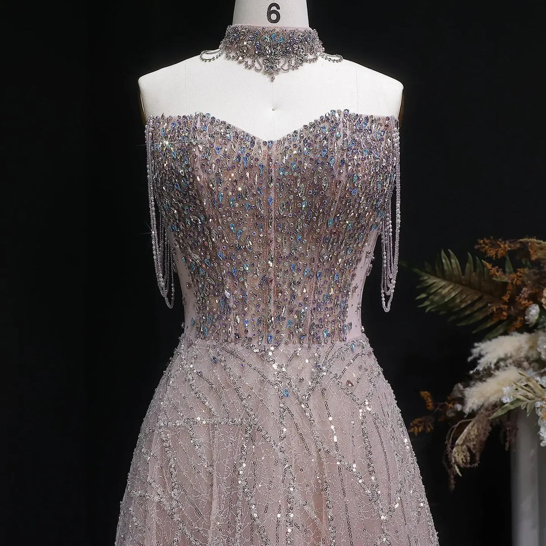 Luxury Pink Rhinestone Sequin Strapless Evening Gown SS744